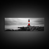 Lighthouse Coastline, Red Beacon, Stormy Sea, Black and White Landscape, Framed Canvas Print, Nautical Decor, Office Wall Art, Modern Style