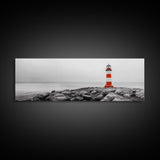 Rocky Shore, Coastal Guide, Red Lighthouse, Ocean Cliff Scene, Framed Canvas Print, Nautical Wall Decor, Bathroom Wall Art, Minimalist Art