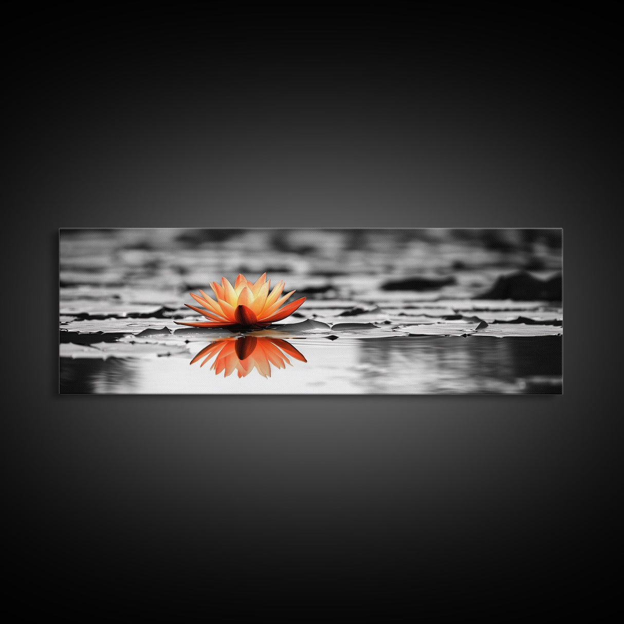 Tranquil Lotus, Zen Water, Orange Glow, Reflective Serenity, Framed Canvas Print, Bedroom Wall Art, Spa Decor, Boho Style, Meditation Vibe