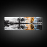 Surreal Reflection, Tree Silhouettes, Split Sky, Framed Canvas Print, trippy landscape art, black and white dreamy wall decor