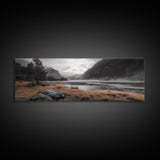 Misty Lake, Mountain Valley, Autumn Morning, Canvas Print, peaceful wilderness scene, rustic cabin decor, cozy nature artwork