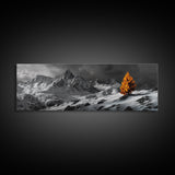 Lone Golden Tree, Snowy Mountains, Dramatic Sky, Canvas Print, Winter Wall Art, Moody Landscape, Minimalist Home Decor