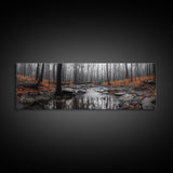 Autumn Forest Stream, Bare Trees, Orange Leaves, Framed Canvas Print, Fall Wall Art, Cozy Nature Scene, Entryway Decor