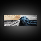 Ocean Wave Split, Sunrise Sea, Blue Tidal Wave, Framed Canvas Print, Nautical Wall Art, Coastal Decor, Bathroom Seascape
