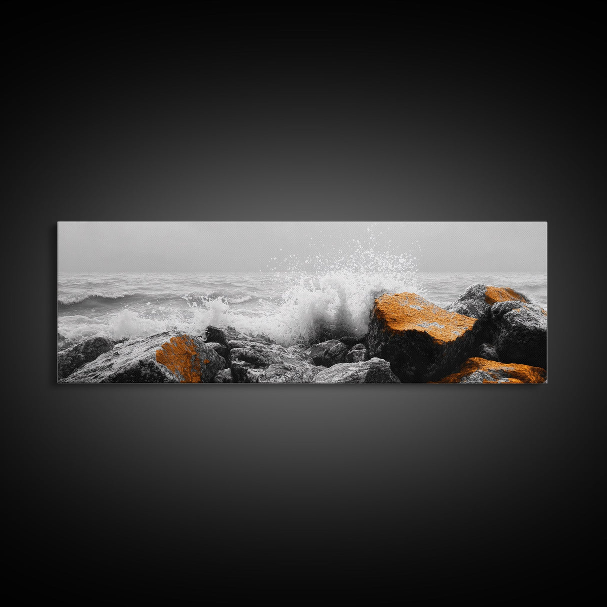 Orange Splash Rocks, Coastal Waves, Sea Spray Art, Canvas Print, Modern Beach Decor, Nature Wall Art, Bold Ocean Landscape