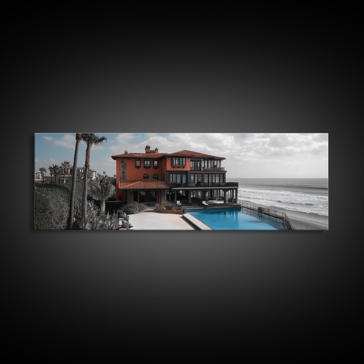 Coastal Villa, Ocean View, Infinity Pool, Sunset Escape, Framed Canvas Print, Beach House Decor, Mediterranean Art, Living Room Wall Art