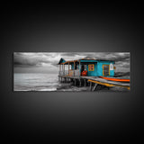Rustic Shack, Ocean Pier, Stormy Skies, Tropical Retreat, Framed Canvas Print, Nautical Wall Art, Beach Cabin Decor, Lake House Style