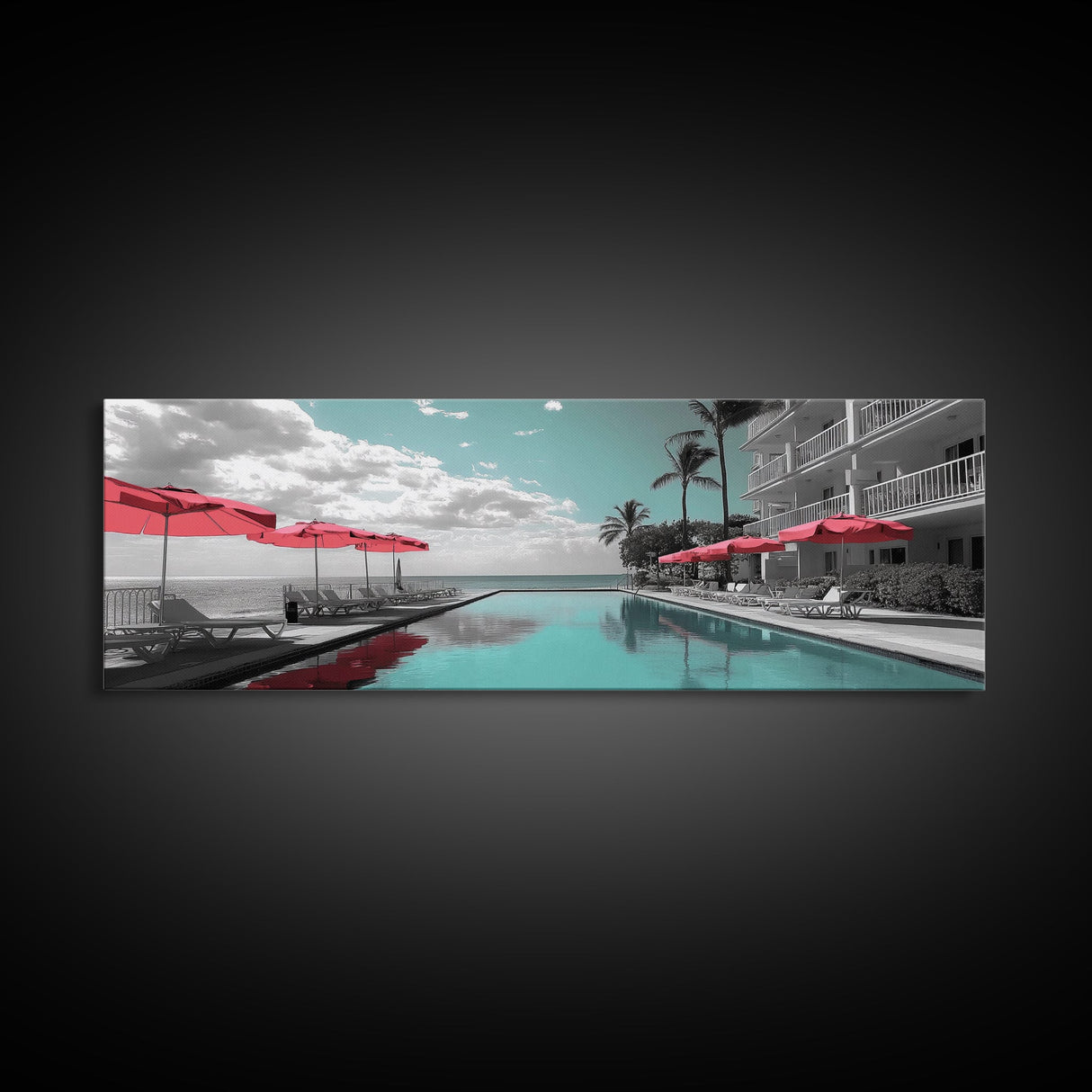 Poolside Escape, Beach Umbrellas, Luxury Retreat, Modern Resort, Framed Canvas Print, Vacation Vibes, Coastal Living, Bedroom Wall Art