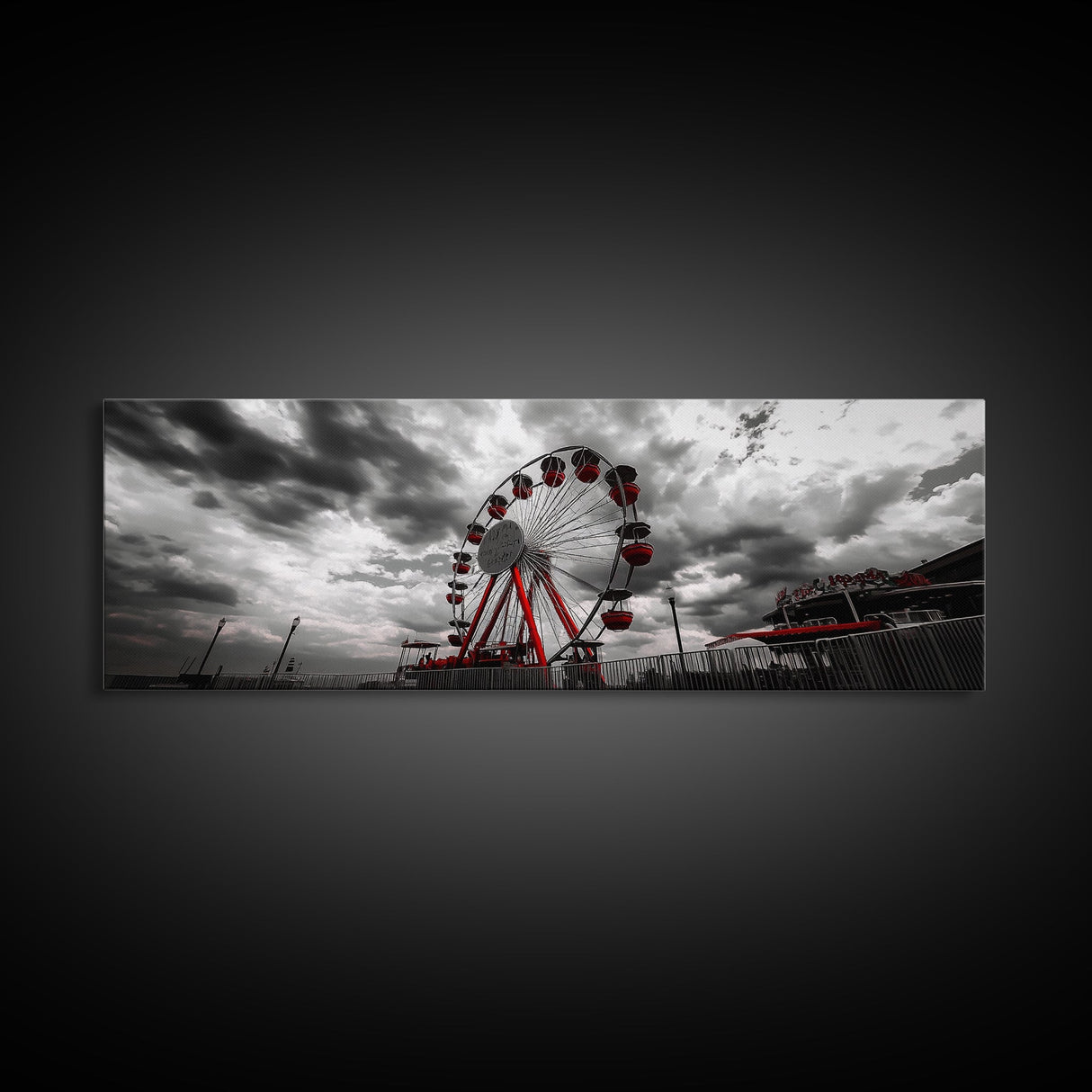 Ferris Wheel, Carnival Ride, Stormy Sky, Fairground Scene, Framed Canvas Print, Retro Wall Art, Teen Bedroom Decor, Industrial Urban Style