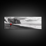Red Jacket Wanderer, Moody Coastal Cliff Scene, Monochrome Photography, Framed Canvas Print, Modern Minimalist Office Wall Art