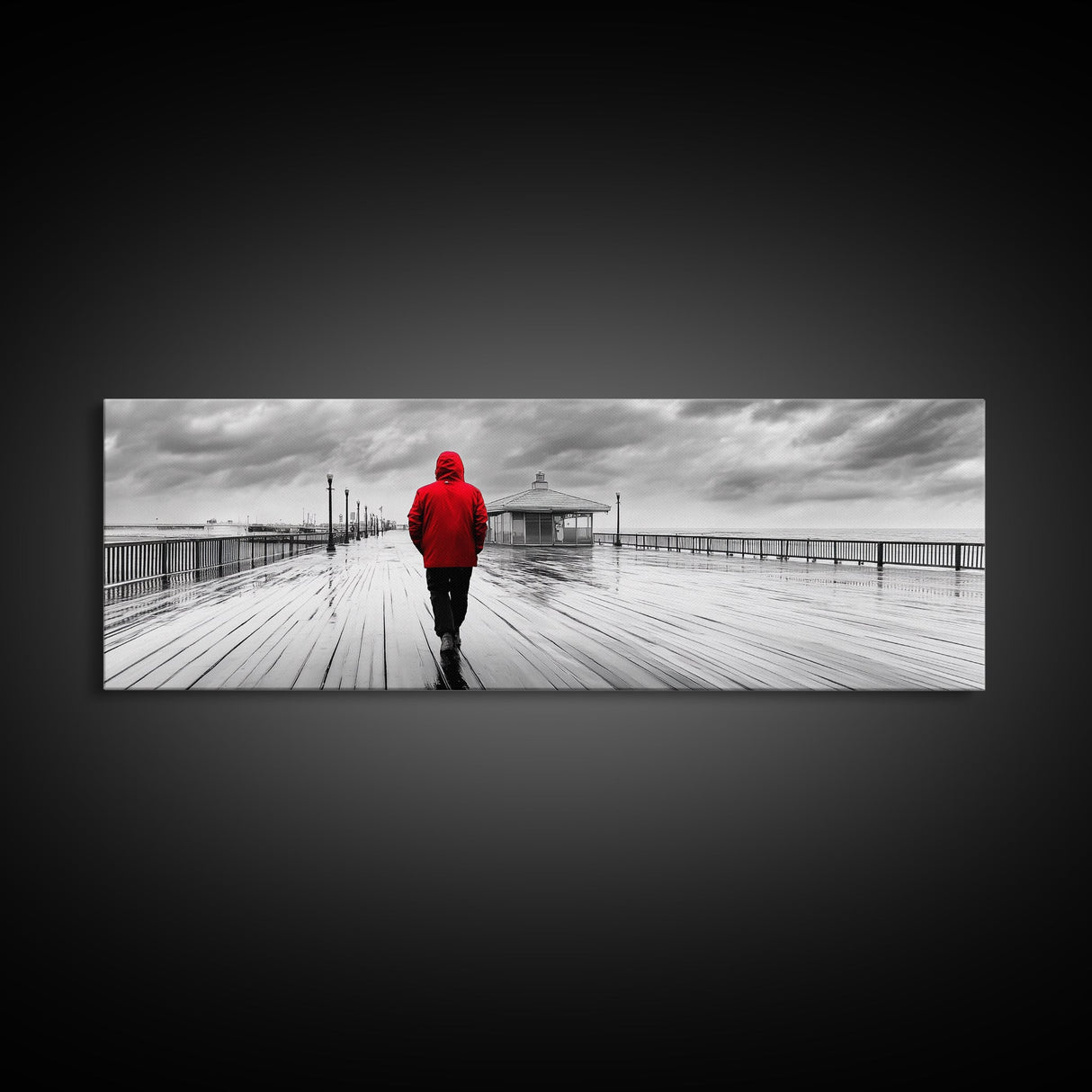Red Jacket Walk, Rainy Boardwalk Scene, Urban Solitude, Moody Landscape Photography, Canvas Print, Entryway Wall Art, Minimalist Decor