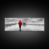 Red Jacket Walk, Rainy Boardwalk Scene, Urban Solitude, Moody Landscape Photography, Canvas Print, Entryway Wall Art, Minimalist Decor