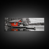 Lakeside Cabin Red, Boat House Retreat, Serene Waterfront, Autumn Color Pop, Canvas Print, Cozy Living Room Wall Art, Nature Home Decor
