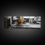 Yellow Metal Lever, Industrial Machine Detail, Workshop Photography, Gritty Rustic Vibe, Canvas Print, Garage Wall Art, Urban Loft Decor