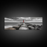 Red Lighthouse Coast, Seaside Rock Jetty, Stormy Sky Mood, Nautical Beacon View, Canvas Print, Bathroom Wall Art, Coastal Modern Decor