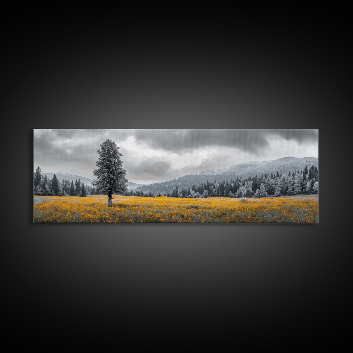Lone Tree, Yellow Meadow, Autumn Landscape, Moody Forest, Framed Canvas Print, Nature Photography, Cabin Wall Art, Fall Home Decor