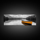 Golden Canoe, Lake Reflection, Tranquil Water, Adventure Scene, Canvas Print, Minimalist Wall Art, Bedroom Landscape, Cabin Decor