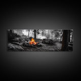 Forest Firepit, Picnic Spot, Smoky Trees, Nature Flame, Canvas Print, Fall Wall Art, Camping Cabin Decor, Rustic Outdoor Style