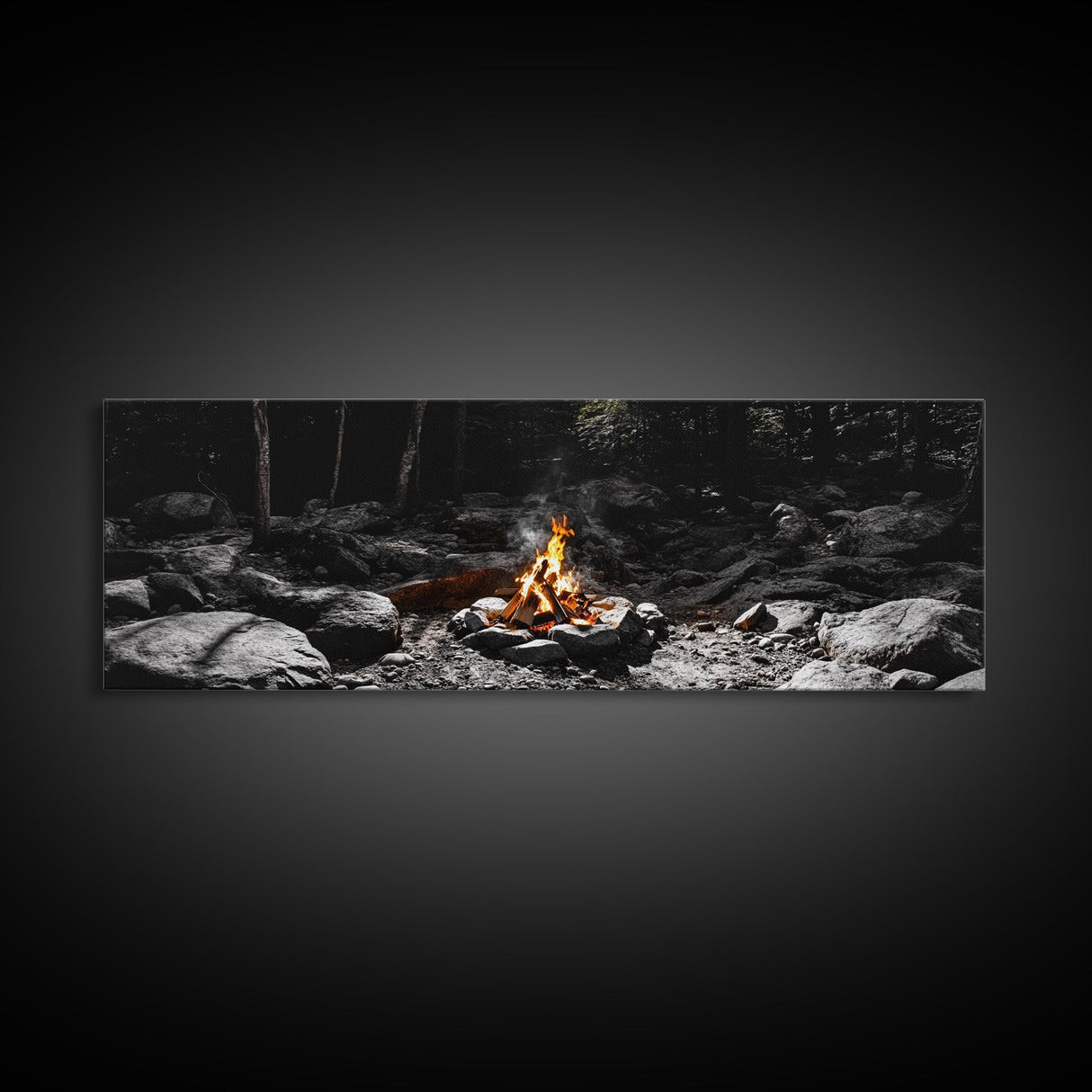 Stone Circle, Night Fire, Forest Blaze, Cozy Gathering, Canvas Print, Wilderness Wall Art, Fall Camping Decor, Rustic Cabin Style
