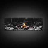 Stone Circle, Night Fire, Forest Blaze, Cozy Gathering, Canvas Print, Wilderness Wall Art, Fall Camping Decor, Rustic Cabin Style