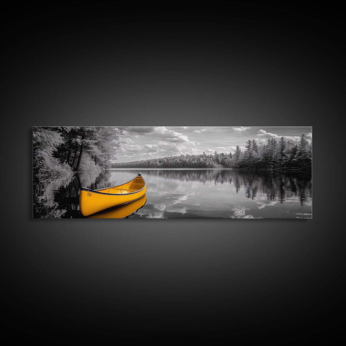 Yellow Canoe, Calm Lake, Reflection Art, Nature Landscape, Adventure Decor, Canvas Print, Rustic Wall Art, Cabin Decor, Lakehouse Art