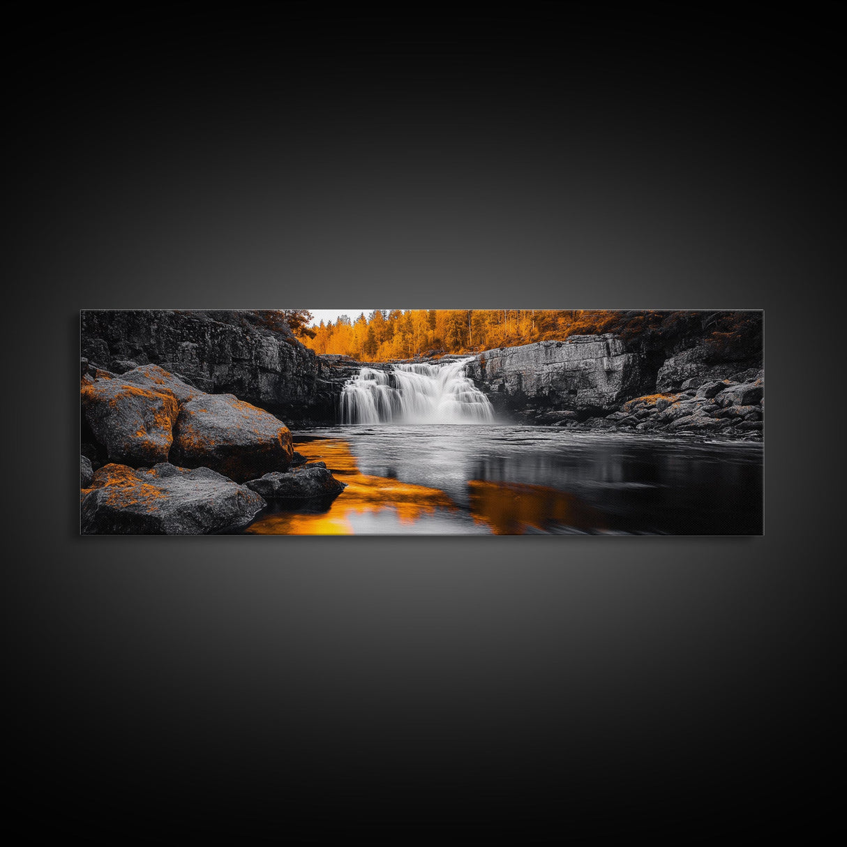 Autumn Waterfall, Fall Trees, Golden Reflections, Tranquil Scene, Framed Canvas Print, Nature Wall Art, Seasonal Decor, Cozy Living Room
