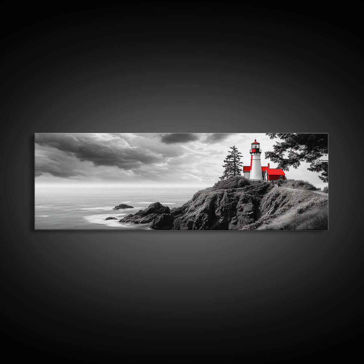 Coastal Lighthouse, Ocean Cliffs, Red Roof, Nautical Beacon, Framed Canvas Print, Bathroom Wall Art, Minimalist Coastal Decor, Seaside Vibe