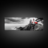Coastal Lighthouse, Ocean Cliffs, Red Roof, Nautical Beacon, Framed Canvas Print, Bathroom Wall Art, Minimalist Coastal Decor, Seaside Vibe