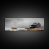 Foggy Lake, Yellow Boat, Rustic Cabin, Coastal Calm, Framed Canvas Print, Autumn Wall Art, Bedroom Decor, Minimalist Nature Photography