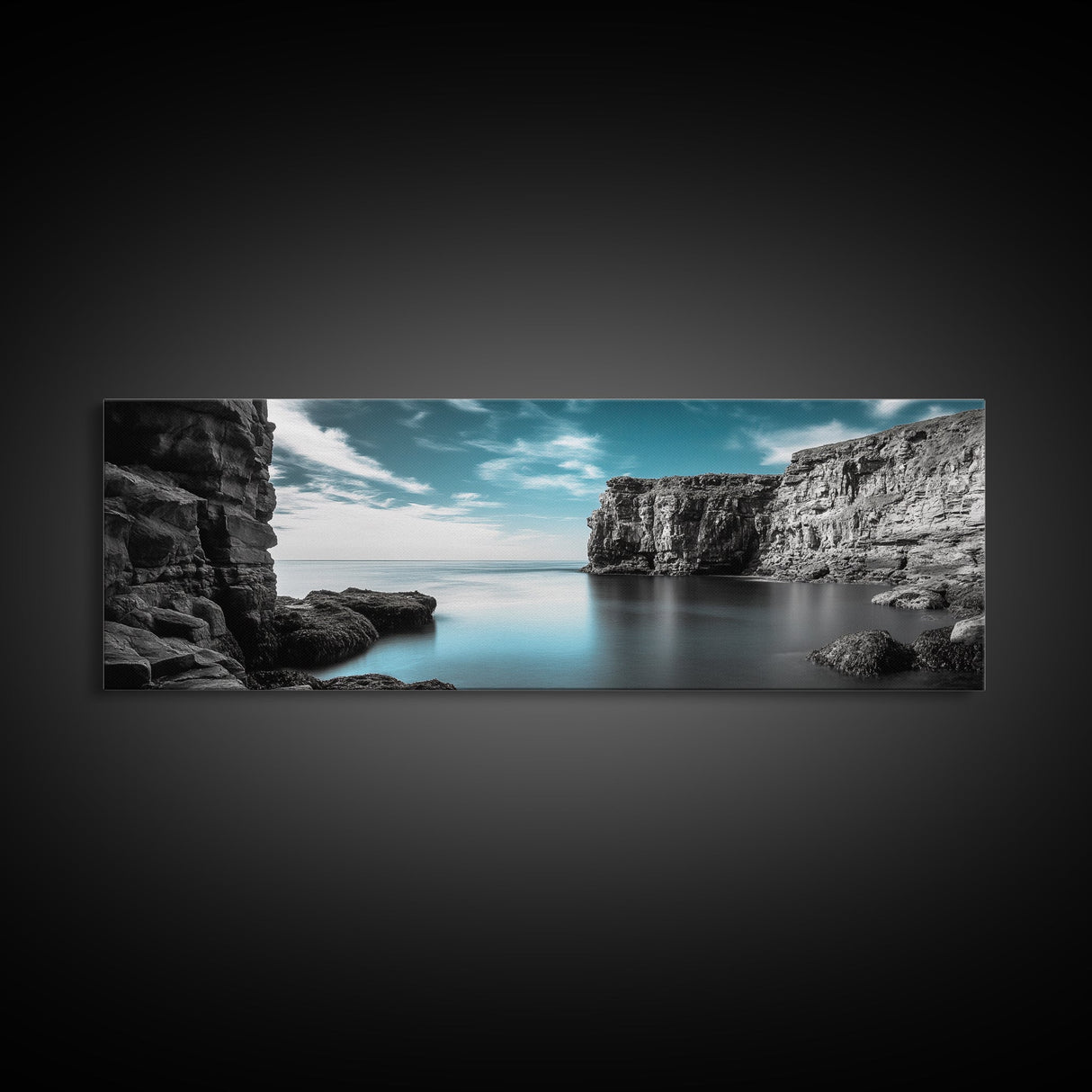 Serene Cove, Cliff Reflections, Blue Water, Coastal Escape, Framed Canvas Print, Tranquil Ocean Art, Bathroom or Spa Wall Decor