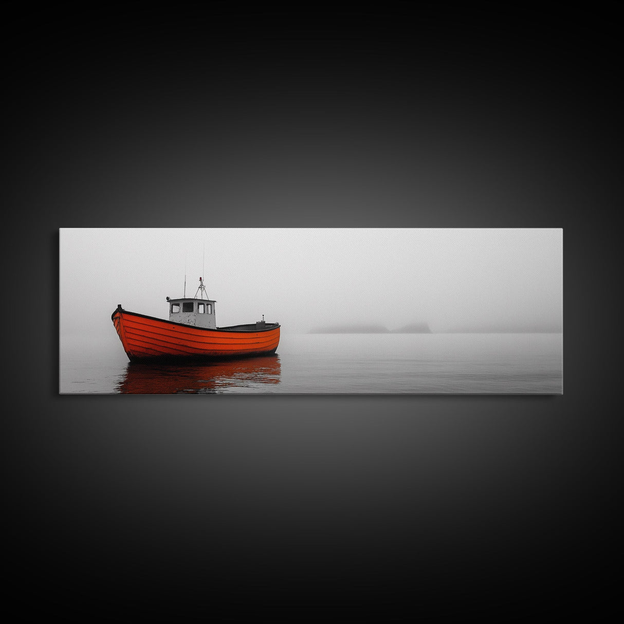 Orange Boat, Ocean Mist, Foggy Seascape, Calm Waters, Framed Canvas Print, Minimalist Nautical Art, Peaceful Wall Decor for Bedroom