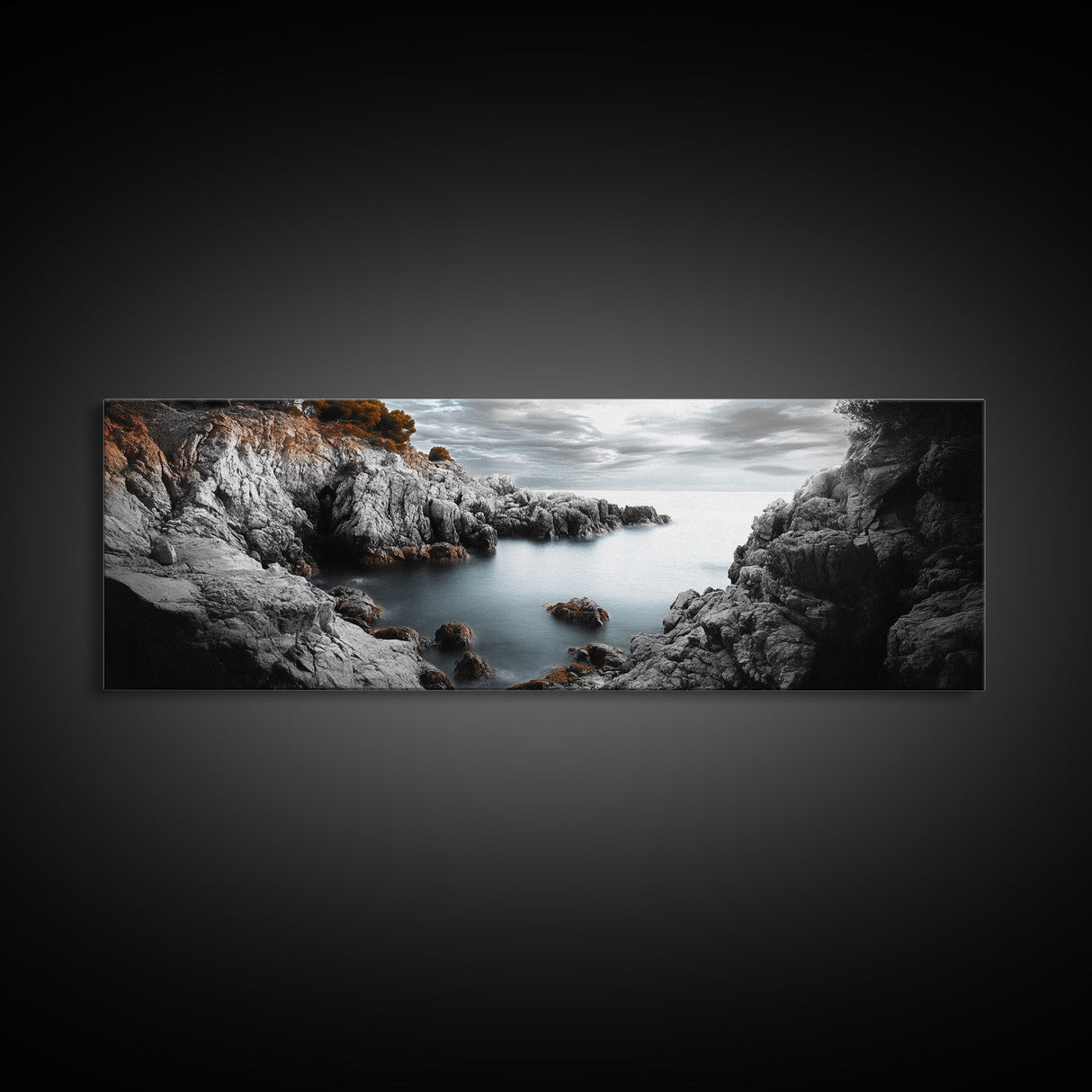 Hidden Rocky Cove, Tranquil Ocean View, Majestic Seascape, Framed Canvas Print, Nature Inspired Wall Art, Bedroom Coastal Decor