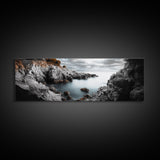 Hidden Rocky Cove, Tranquil Ocean View, Majestic Seascape, Framed Canvas Print, Nature Inspired Wall Art, Bedroom Coastal Decor