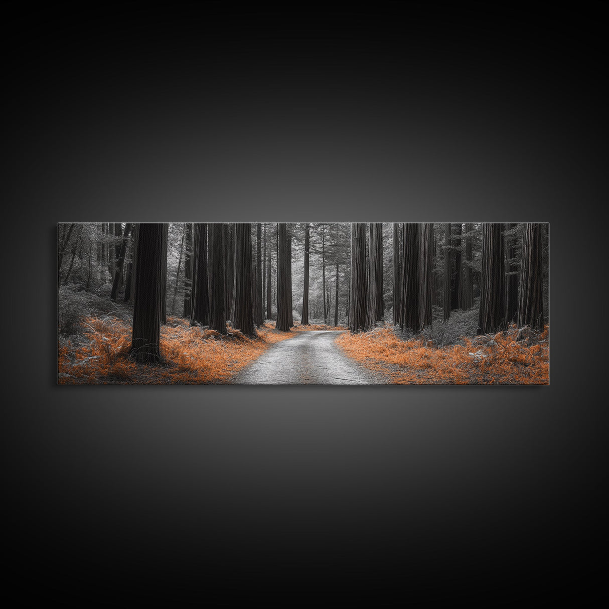 Redwood Forest Path, Serene Nature Trail, Autumn Ground Cover, Framed Canvas Print, Fall Wall Art, Rustic Home Decor, Woodland Scene