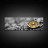 Golden Compass Closeup, Adventure Exploration Theme, Vintage Nautical Design, Framed Canvas Print, Office Wall Art, Travel Lover Gift