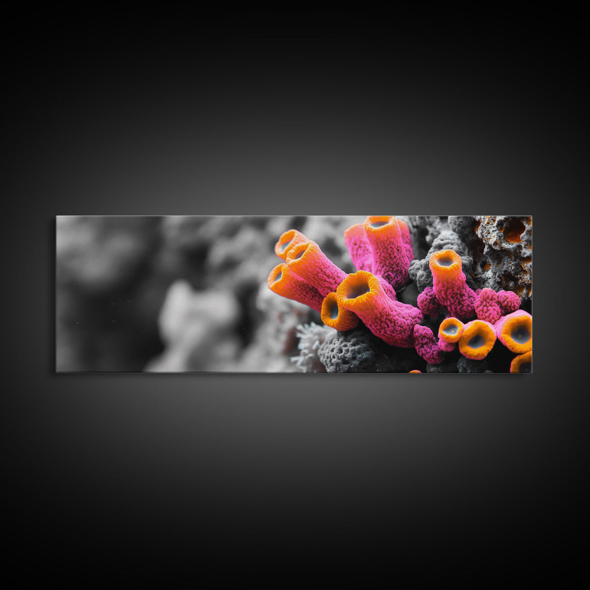 Neon Coral Closeup, Vibrant Underwater Detail, Oceanic Texture Wall Art, Framed Canvas Print, Bathroom Decor, Coastal Modern Style