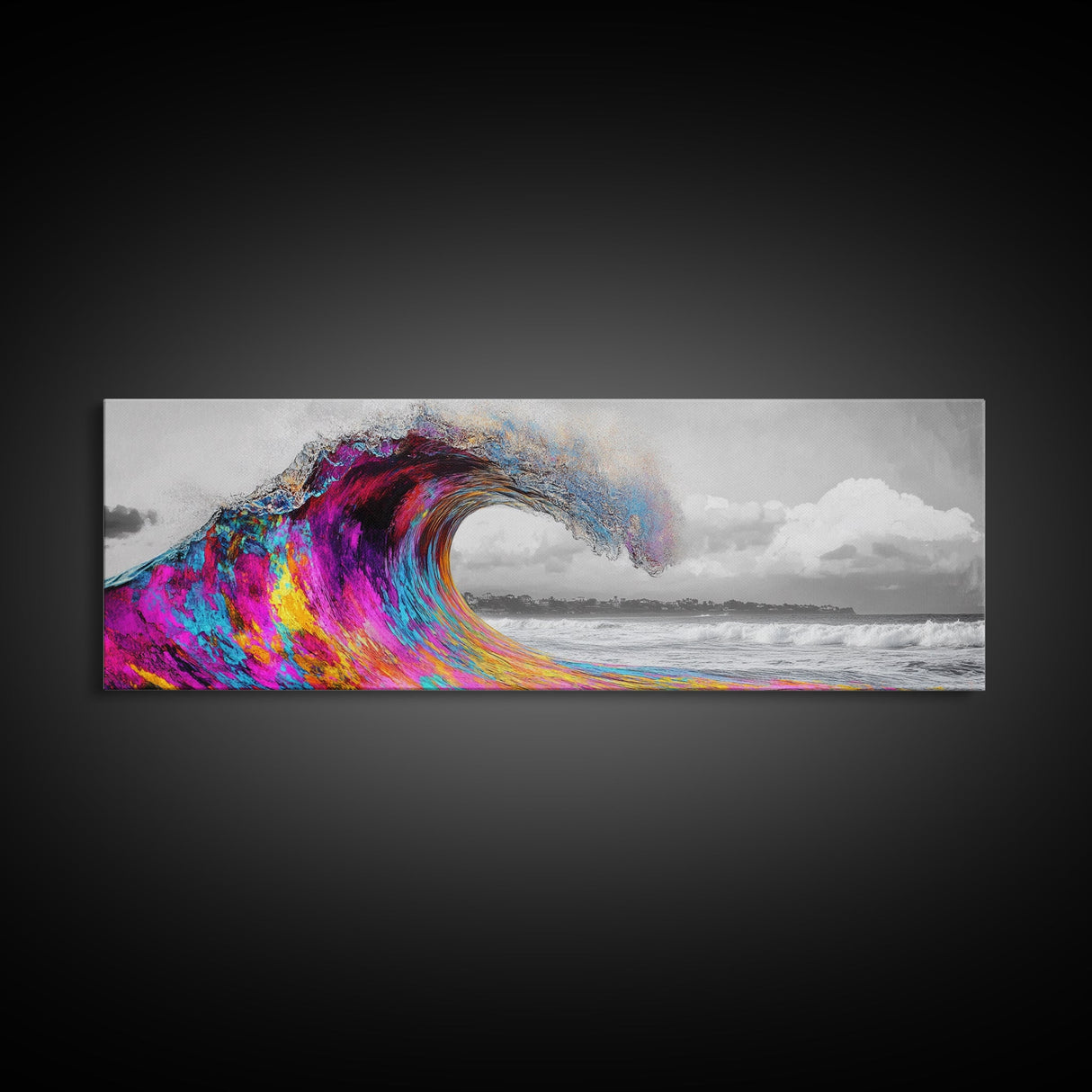 Rainbow Wave Curl, Surf Art Explosion, Vibrant Ocean Energy, Framed Canvas Print, Beach House Decor, Colorful Coastal Wall Art