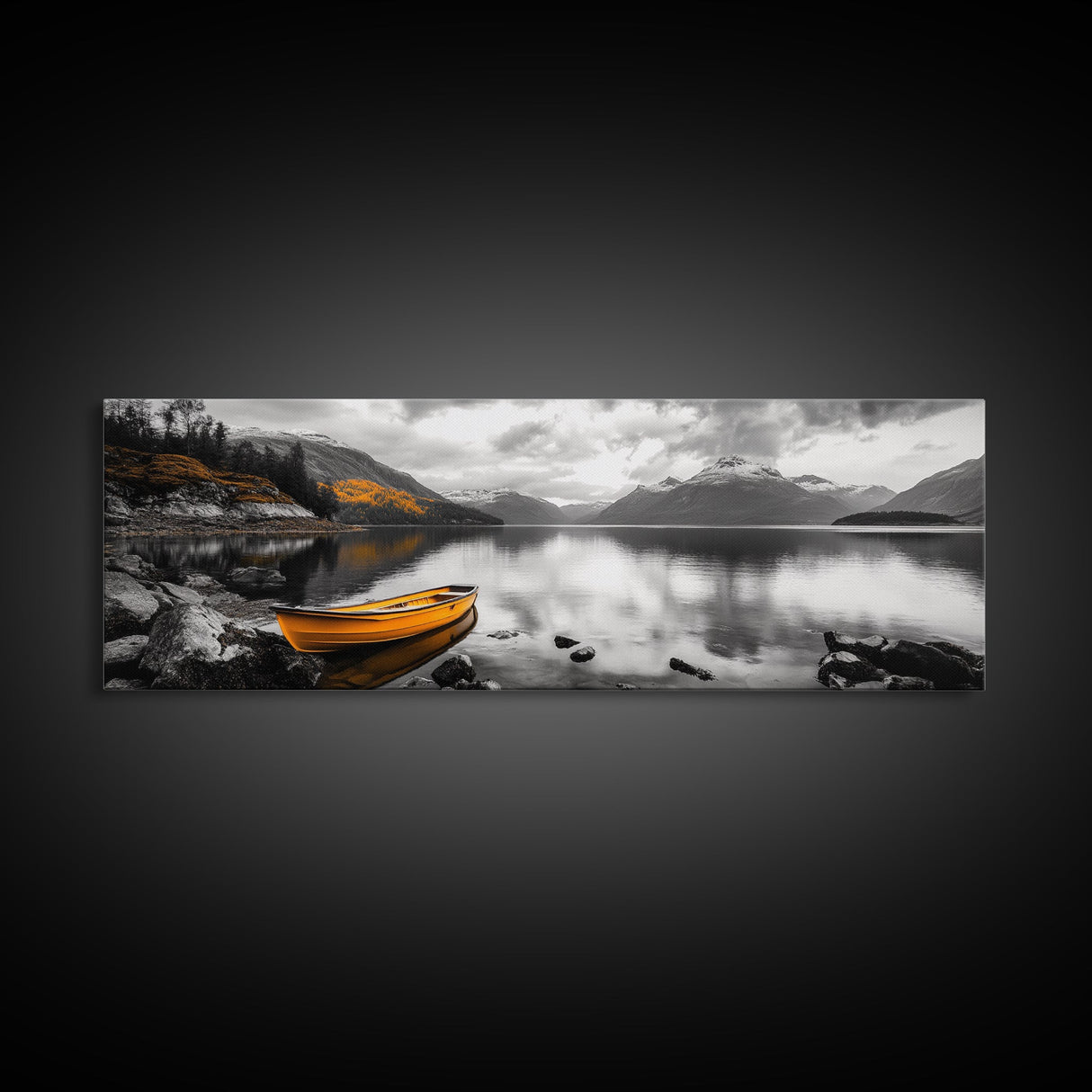 Golden Rowboat Reflections, Lake Mountain Art, Scenic Boat Landscape, Framed Canvas Print, Coastal Wall Art, Fall Living Room Decor