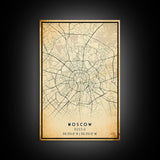 Vintage Style Moscow City Map Wall Art Canvas Print, Distressed Moscow Russia Map, Framed Wall Art, Cool Moscow Travel Wall Art, Office Art
