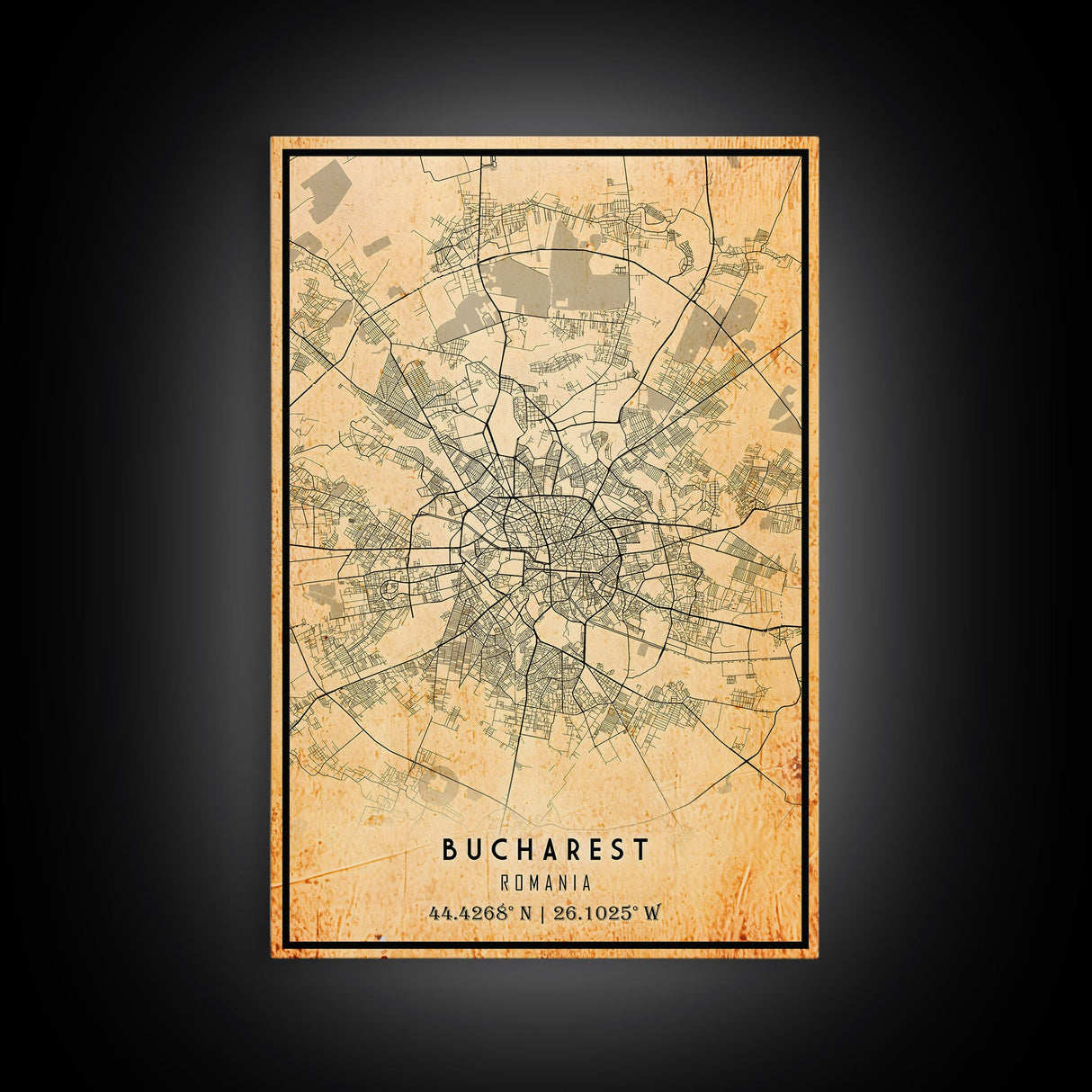 Vintage Style Bucharest City Map Wall Art Canvas Print, Distressed Bucharest Map, Framed Wall Art, Cool RomaniaTravel Wall Art, Office Art