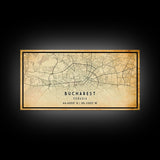 Vintage Style Bucharest City Map Wall Art Canvas Print, Distressed Bucharest Map, Framed Wall Art, Cool RomaniaTravel Wall Art, Office Art