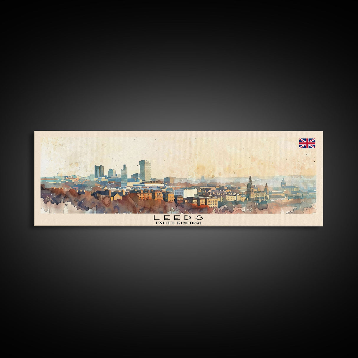 Leeds United Kingdom Panoramic Travel Poster, Framed Canvas Print or Metal Wall Art, Travel Art, Home Decor, Panoramic Painting, Midcentury Art
