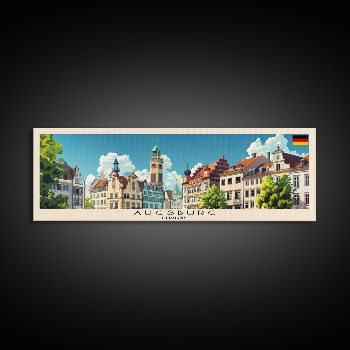 Augsburg Germany Panoramic Travel Poster, Framed Canvas Print or Metal Wall Art, Travel Art, Home Decor, Panoramic Painting, Midcentury Art