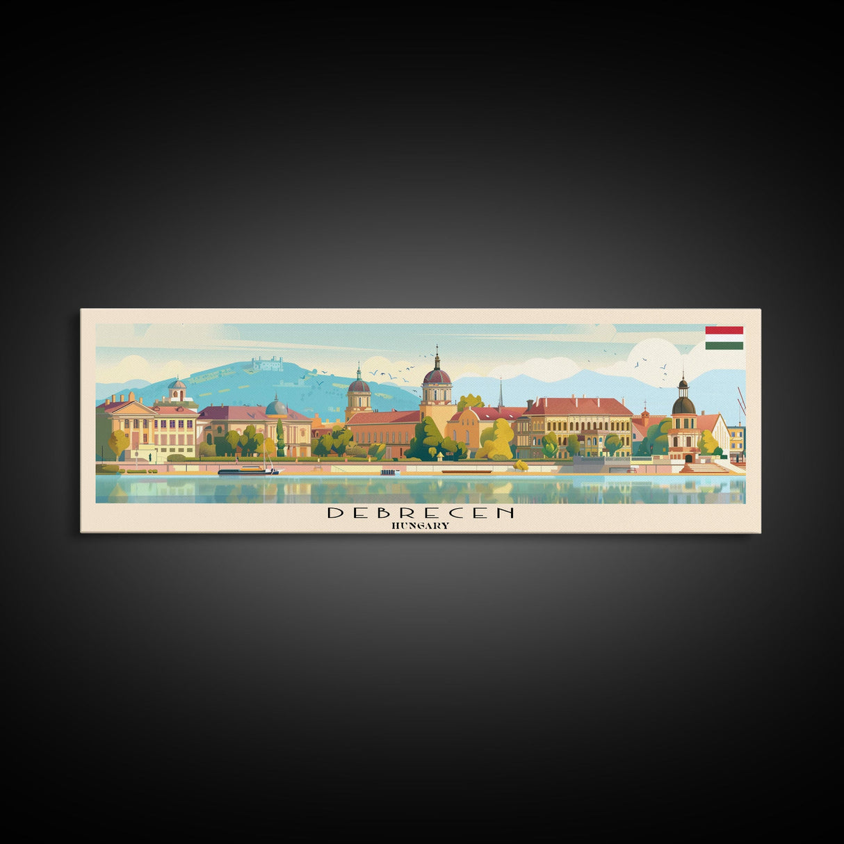 Debrecen Hungary Panoramic Travel Poster, Framed Canvas Print or Metal Wall Art, Travel Art, Home Decor, Panoramic Painting, Midcentury Art
