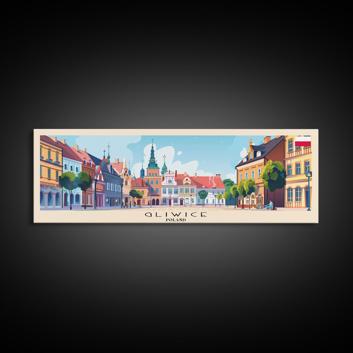 Gliwice Poland Panoramic Travel Poster, Framed Canvas Print or Metal Wall Art, Travel Art, Home Decor, Panoramic Painting, Midcentury Art