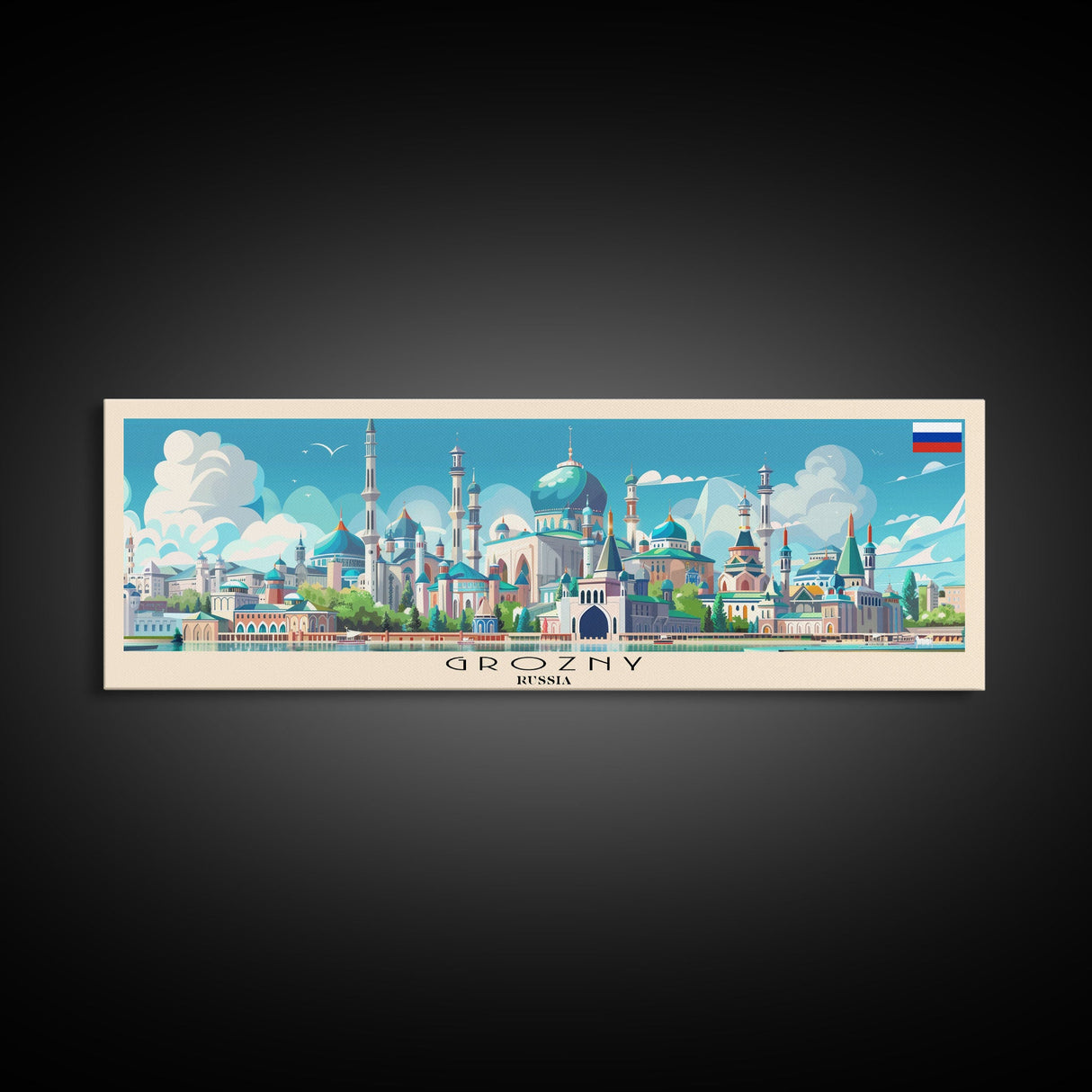 Grozny Russia Panoramic Travel Poster, Framed Canvas Print or Metal Wall Art, Travel Art, Home Decor, Panoramic Painting, Midcentury Art