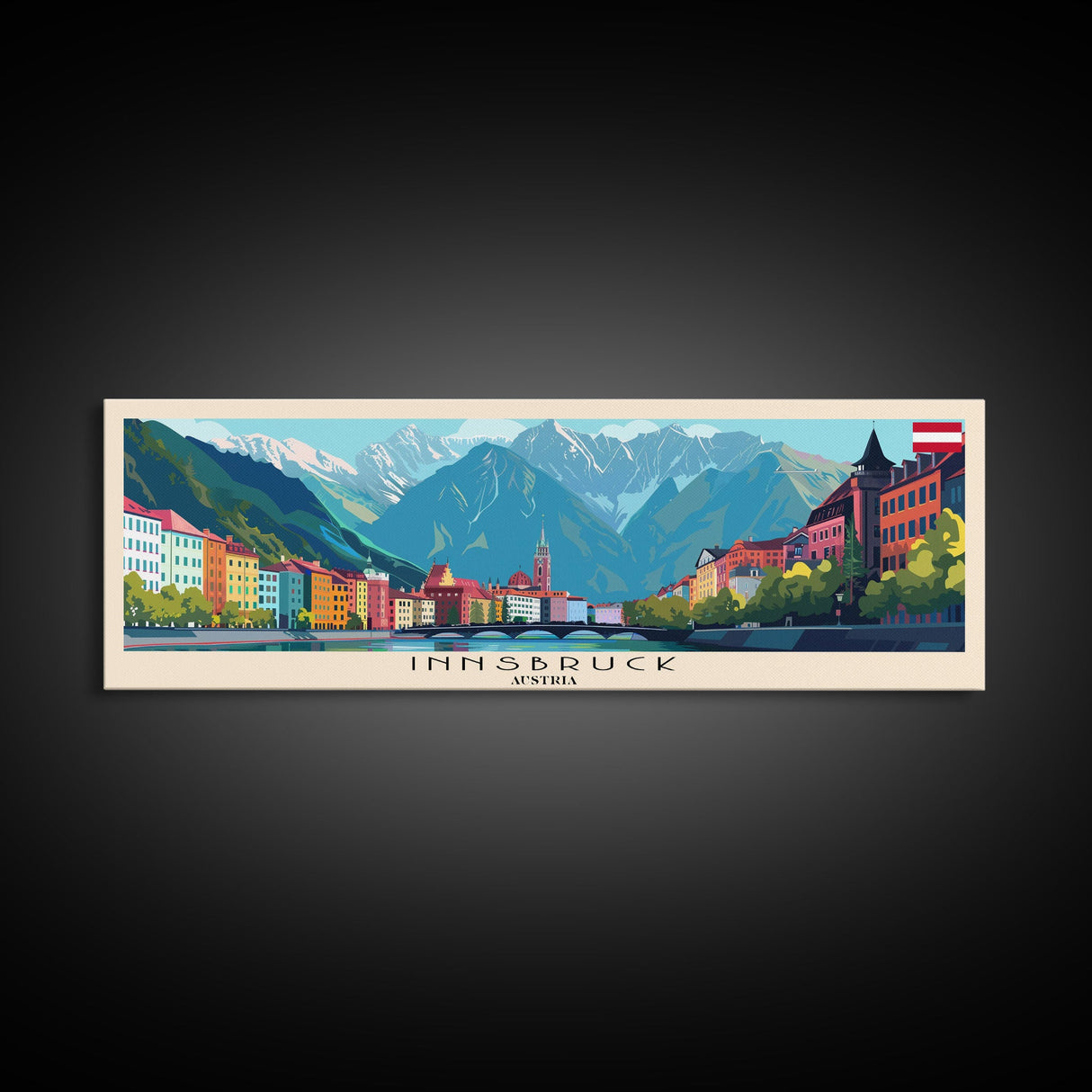 Innsbruck Austria Panoramic Travel Poster, Framed Canvas Print or Metal Wall Art, Travel Art, Home Decor, Panoramic Painting, Midcentury Art
