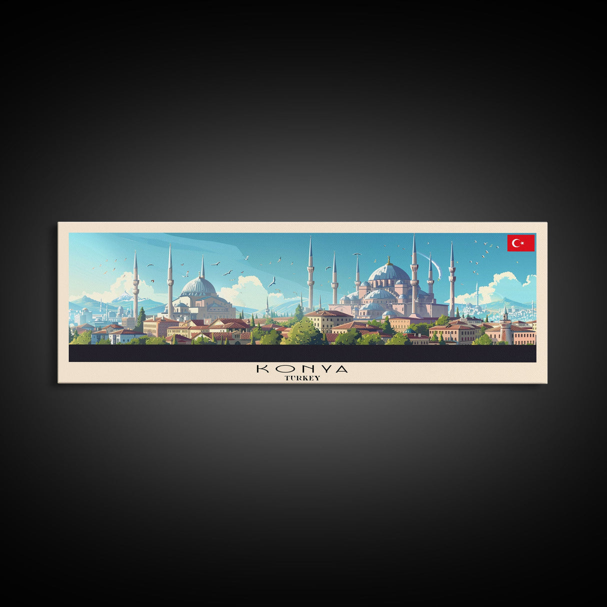Konya Turkey Panoramic Travel Poster, Framed Canvas Print or Metal Wall Art, Travel Art, Home Decor, Panoramic Painting, Midcentury Art