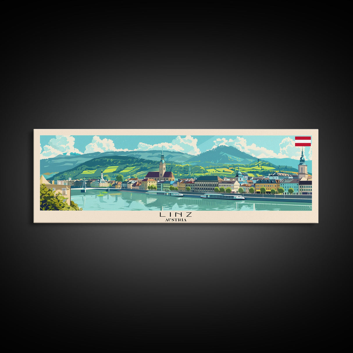 Linz Austria Panoramic Travel Poster, Framed Canvas Print or Metal Wall Art, Travel Art, Home Decor, Panoramic Painting, Midcentury Art