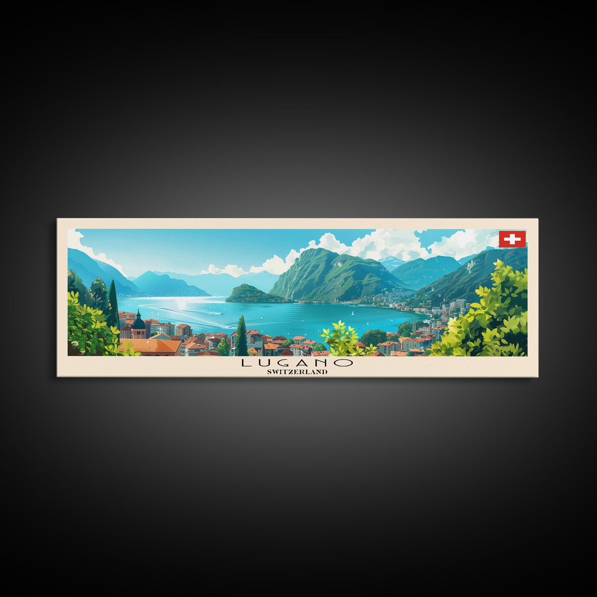 Lugano Switzerland Panoramic Travel Poster, Framed Canvas Print or Metal Wall Art, Travel Art, Home Decor, Panoramic Painting, Midcentury Art
